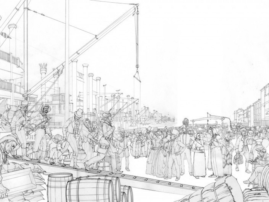 Mock-up of the levee mural by Michael Haynes. Figures are arranged digitally creating a busy scene of commerce in a canyon of riverboats and warehouses.