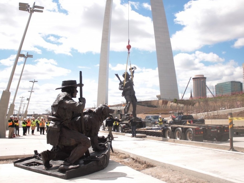 Crews move the William Clark part of “The Captains’ Return” statue on the St. Louis riverfront. After repairs, the sculpture returned to Leonor K. Sullivan Blvd., which has been raised 3 feet and is less susceptible to flooding.